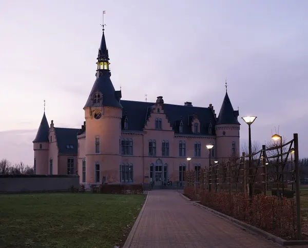 Town hall of Chiny during civil twilight