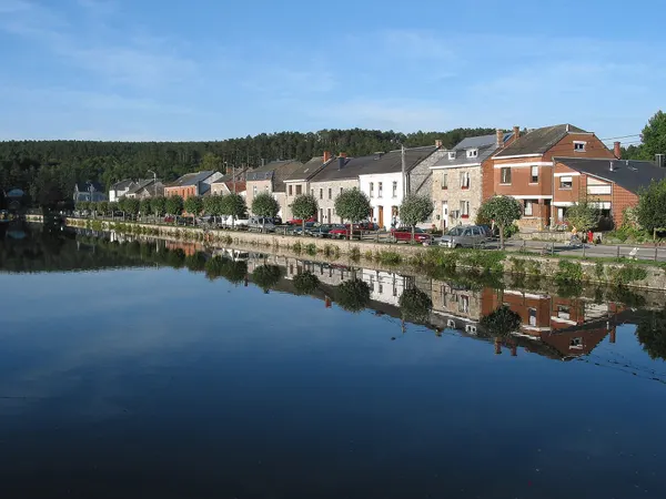 Han-sur-Lesse Belgium, the Lesse river and the rue du Plan d'Eau.