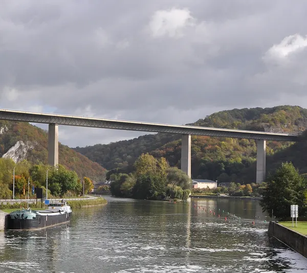 Anseremme (Belgium): the Meuse at the Anseremme weir; in the background: the Charlemagne bridge (National Road 97)