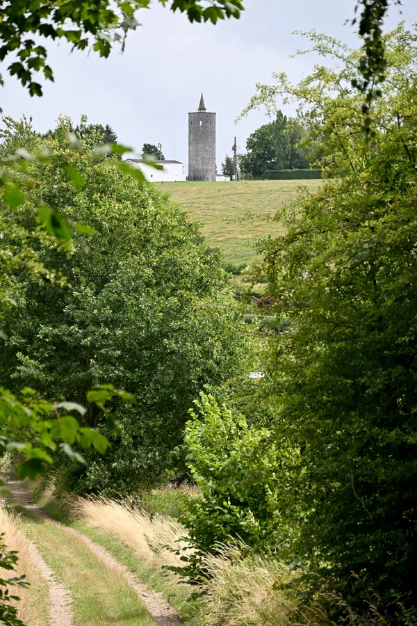 View of the Durnal water tower from near Herleuvaux, Yvoir, 2025