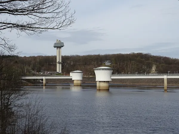 The Gileppe Dam (French Barrage de la Gileppe), an arch-gravity dam on the Gileppe river in Jalhay, Liège province, Wallonia, Belgium.