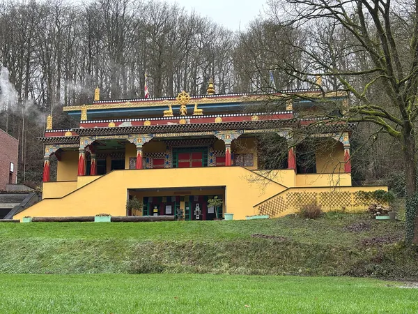 This picture shows the outside of the Tibetan Buddhist temple at the Yeunten Ling Institute in Huy, Belgium.