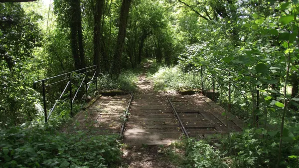Old vicinal railway bridge, with fake symbolic railway tracks. The rails are to thin and of normal gauge instead of the historic metergauge.